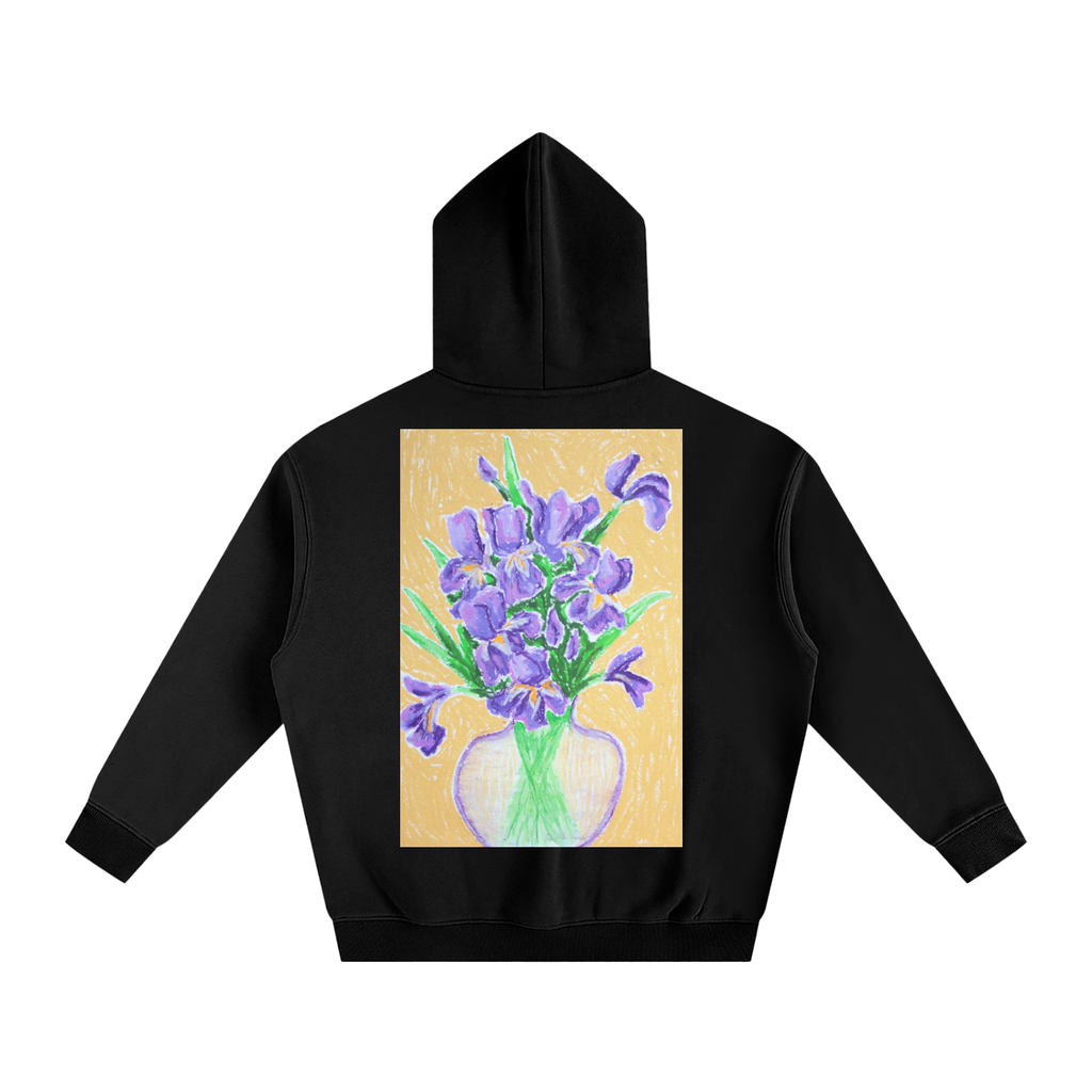 iris,vase,stilllife,art,oilpastel,hoodie,jumper,wearableart,cozy,warm,flower,floral,clothing