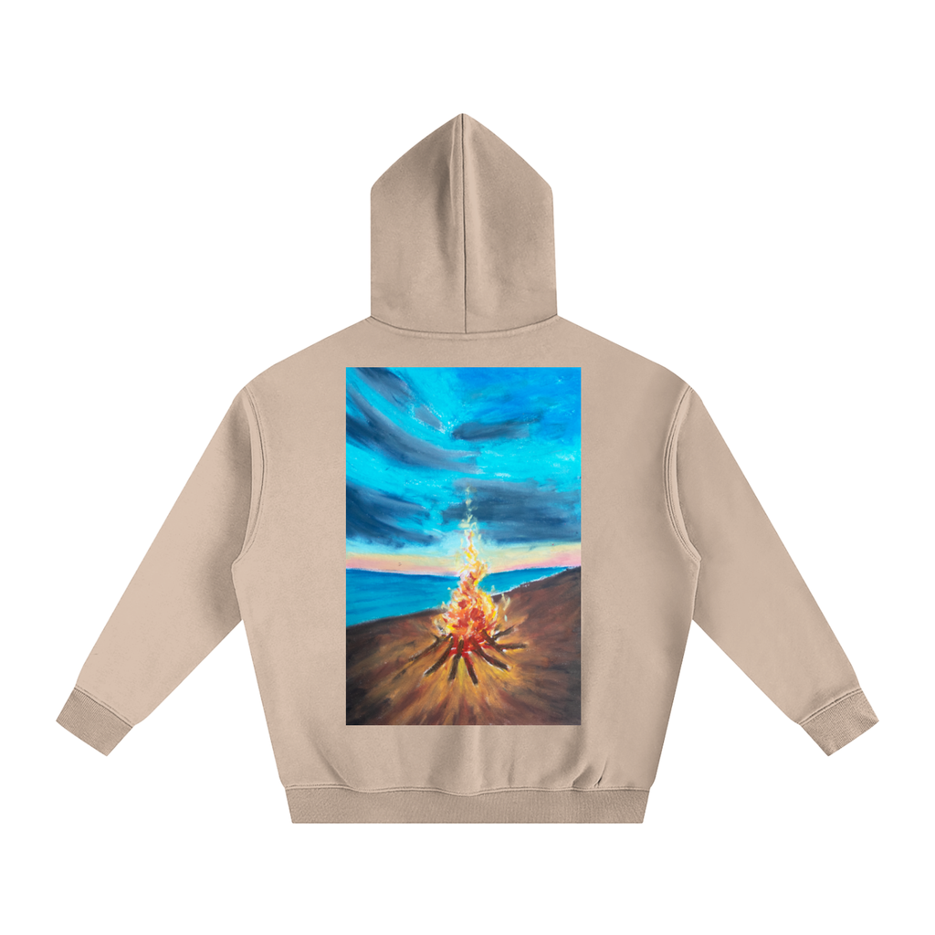art,hoodie,oilpastel,nature,landscape,fleece,beach,bonfire,cozy,warm,wearableart