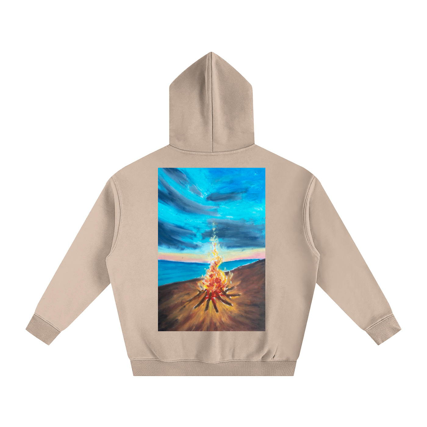 art,hoodie,oilpastel,nature,landscape,fleece,beach,bonfire,cozy,warm,wearableart