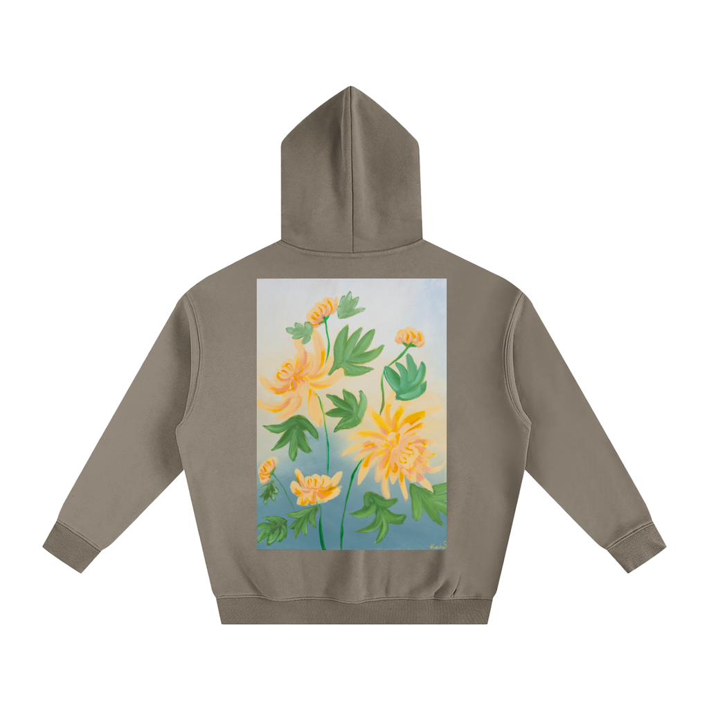 art,chrysanthemum,hoodie,clothing,jumper,oversized,flower,floral,golden,yellow,nature,garden,fleece,warm,cozy,wearableart