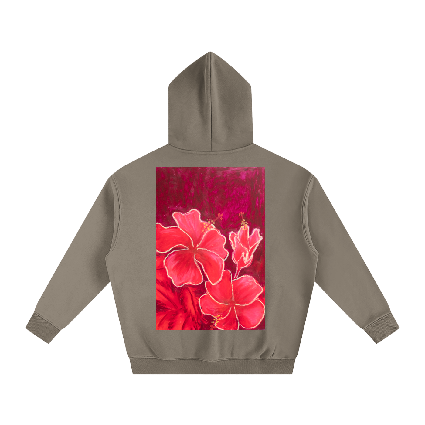 art,hibiscus,hoodie,fleece,flowers,oilpastel,gift,wearableart,red,nature,floral