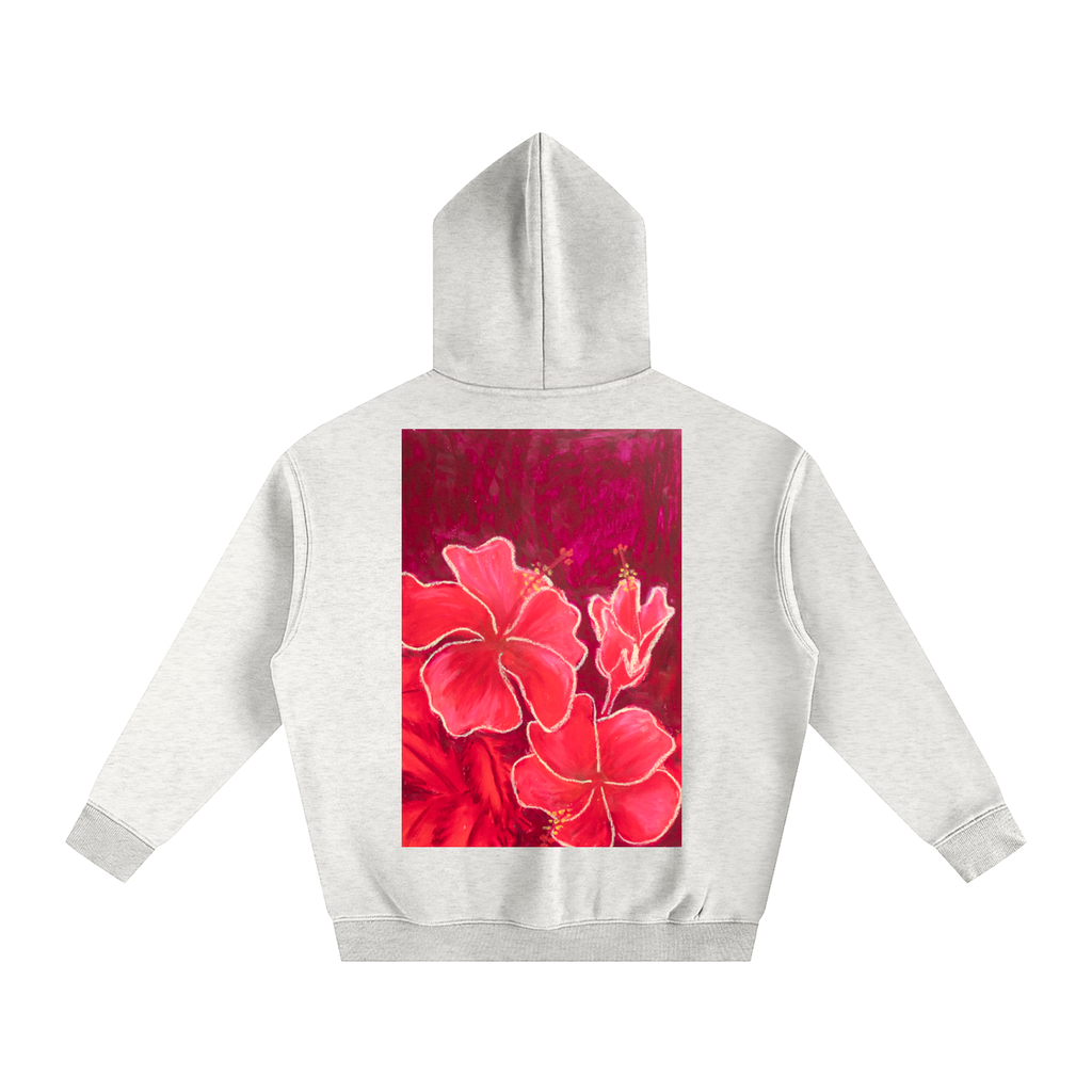 art,hibiscus,hoodie,fleece,flowers,oilpastel,gift,wearableart,red,nature,floral