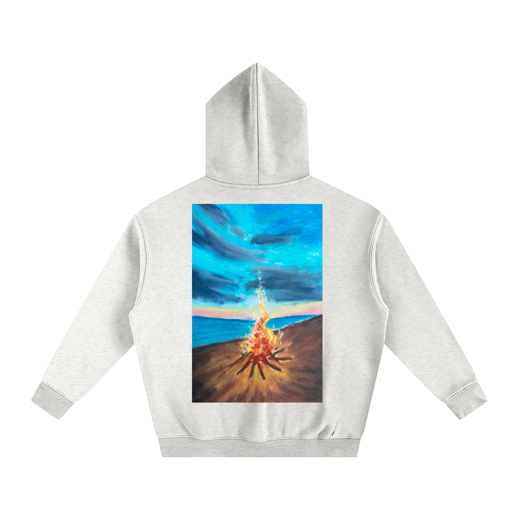 art,hoodie,oilpastel,nature,landscape,fleece,beach,bonfire,cozy,warm,wearableart