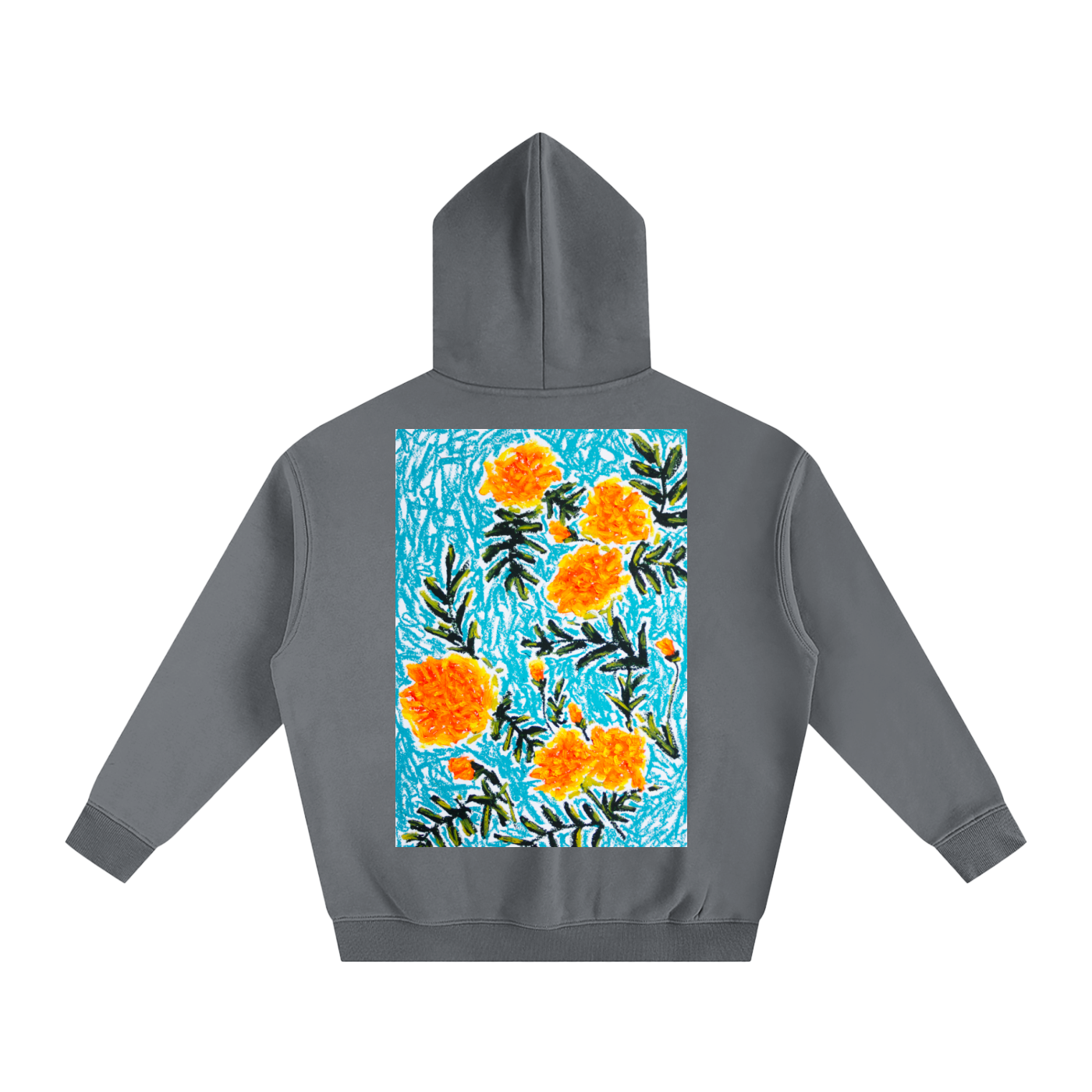 marigold,art,oilpastel,wearableart,flower,floral,abstract,yellow,orange,blue,nature,clothing,hoodie,jumper,fleece,warm,cozy