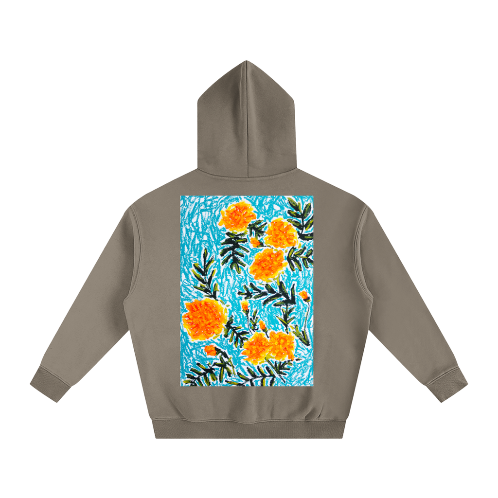 marigold,art,oilpastel,wearableart,flower,floral,abstract,yellow,orange,blue,nature,clothing,hoodie,jumper,fleece,warm,cozy