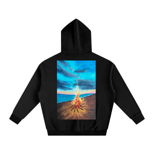 art,hoodie,oilpastel,nature,landscape,fleece,beach,bonfire,cozy,warm,wearableart