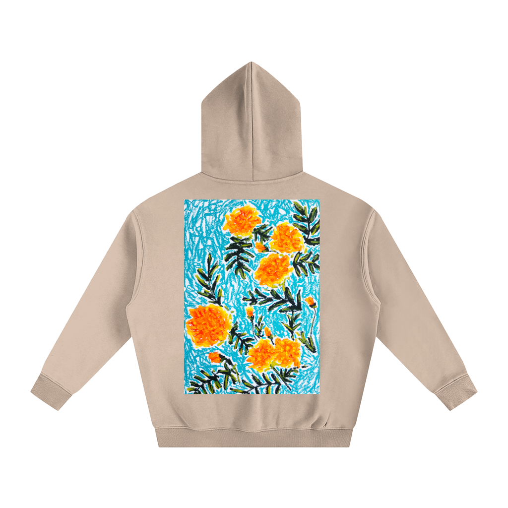 marigold,art,oilpastel,wearableart,flower,floral,abstract,yellow,orange,blue,nature,clothing,hoodie,jumper,fleece,warm,cozy