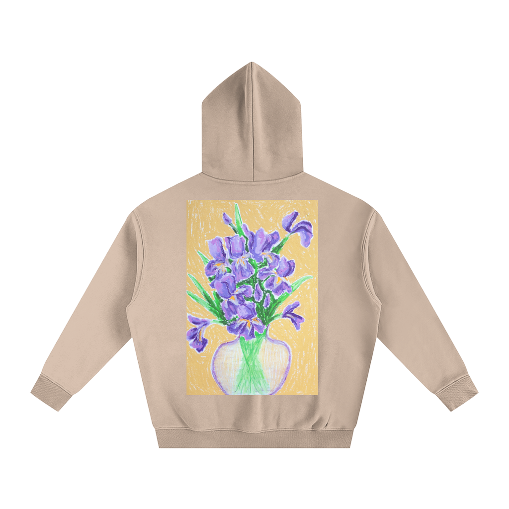 iris,vase,stilllife,art,oilpastel,hoodie,jumper,wearableart,cozy,warm,flower,floral,clothing