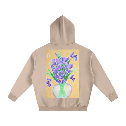 iris,vase,stilllife,art,oilpastel,hoodie,jumper,wearableart,cozy,warm,flower,floral,clothing