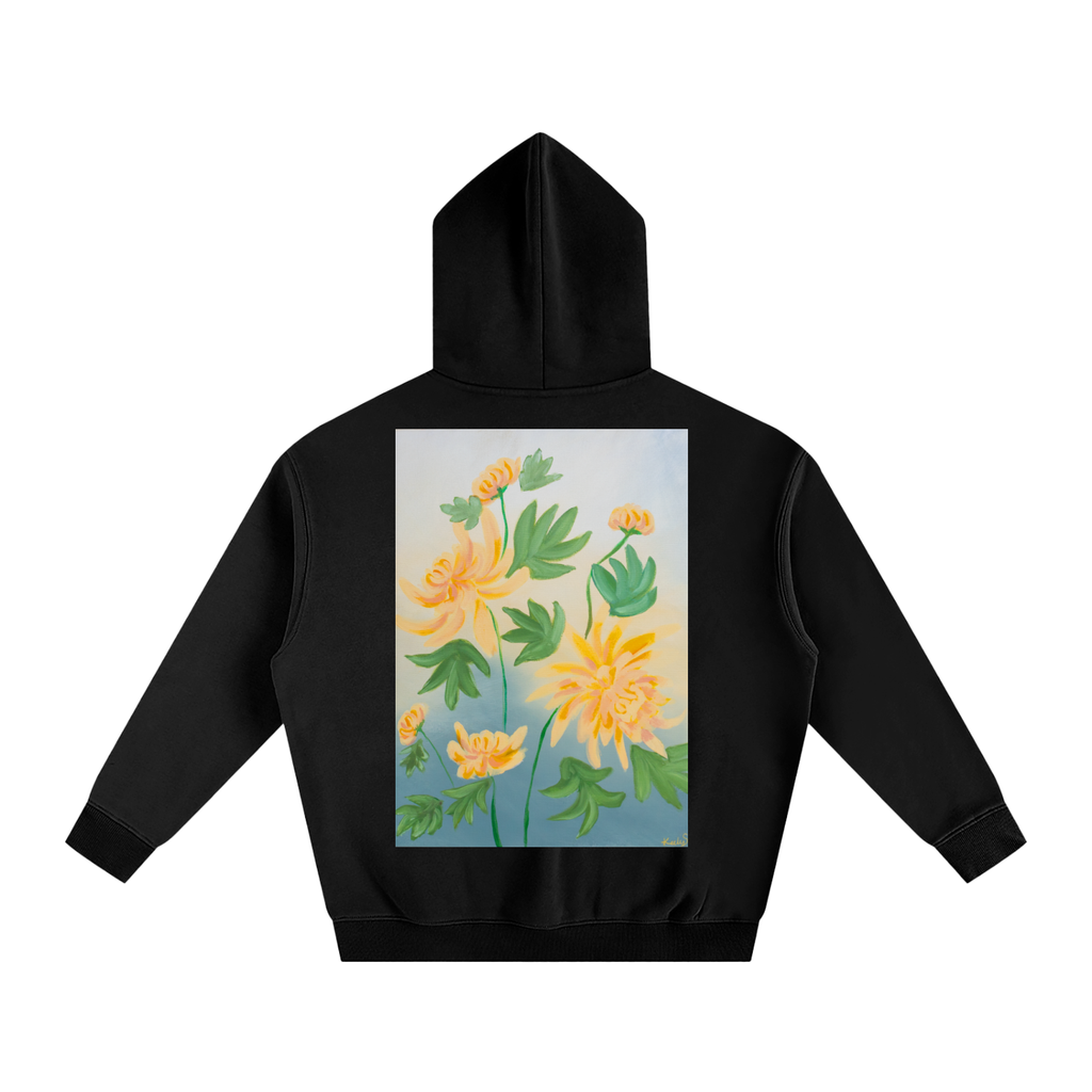art,chrysanthemum,hoodie,clothing,jumper,oversized,flower,floral,golden,yellow,nature,garden,fleece,warm,cozy,wearableart