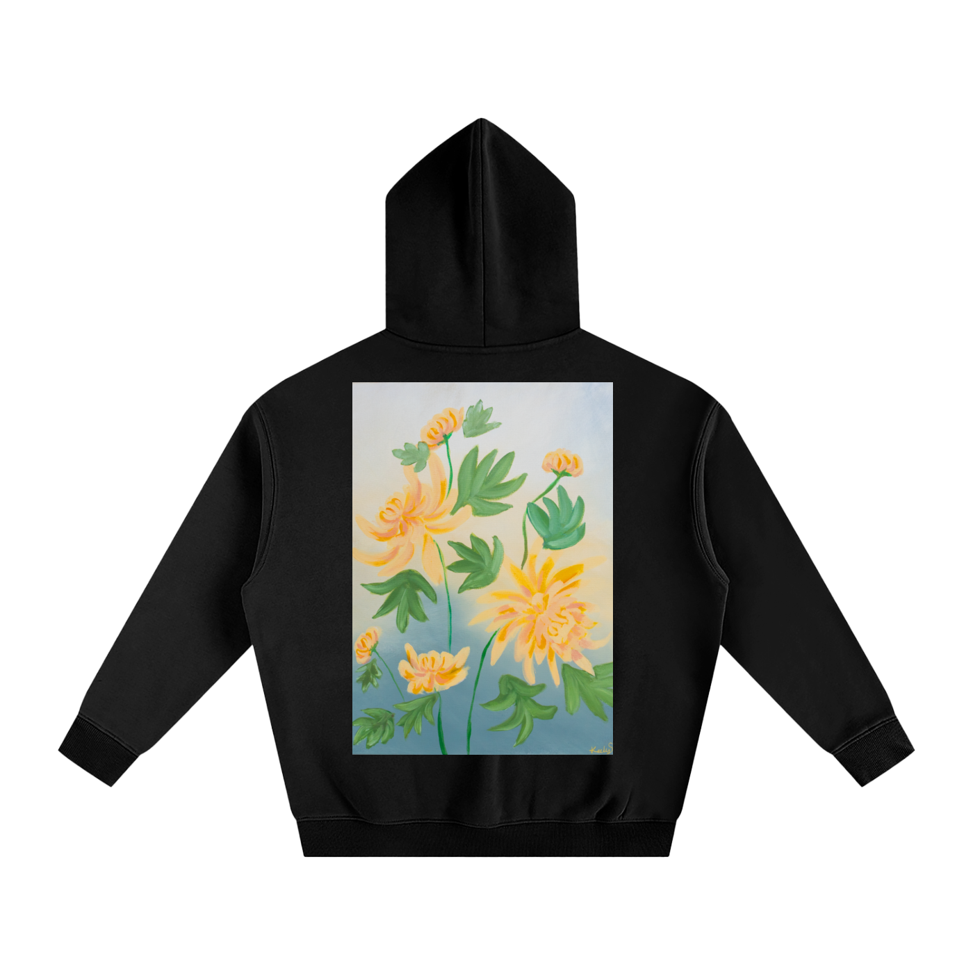 art,chrysanthemum,hoodie,clothing,jumper,oversized,flower,floral,golden,yellow,nature,garden,fleece,warm,cozy,wearableart