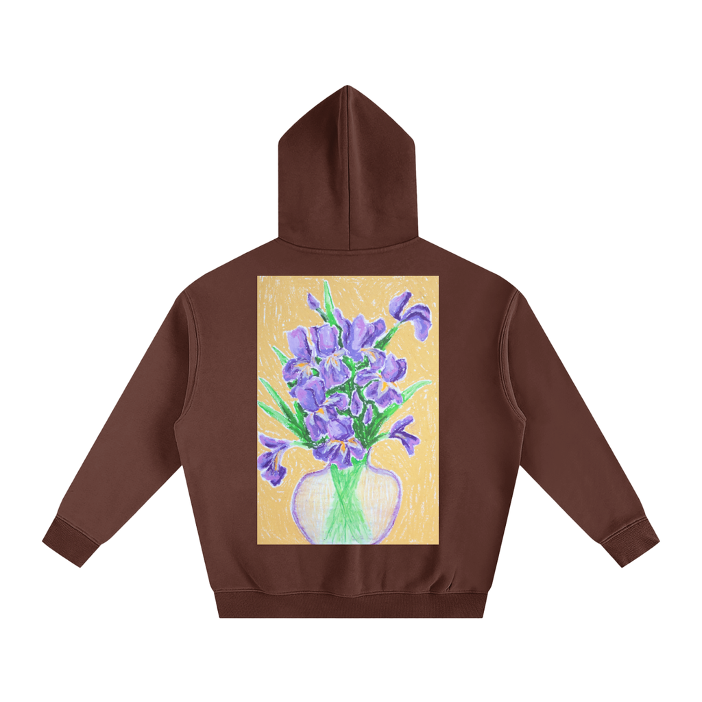 iris,vase,stilllife,art,oilpastel,hoodie,jumper,wearableart,cozy,warm,flower,floral,clothing