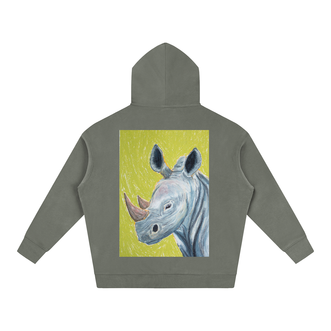 rhino,animal,hoodie,jumper,winter,gift,uniquegift,art,wearableart,oilpastel,drawing