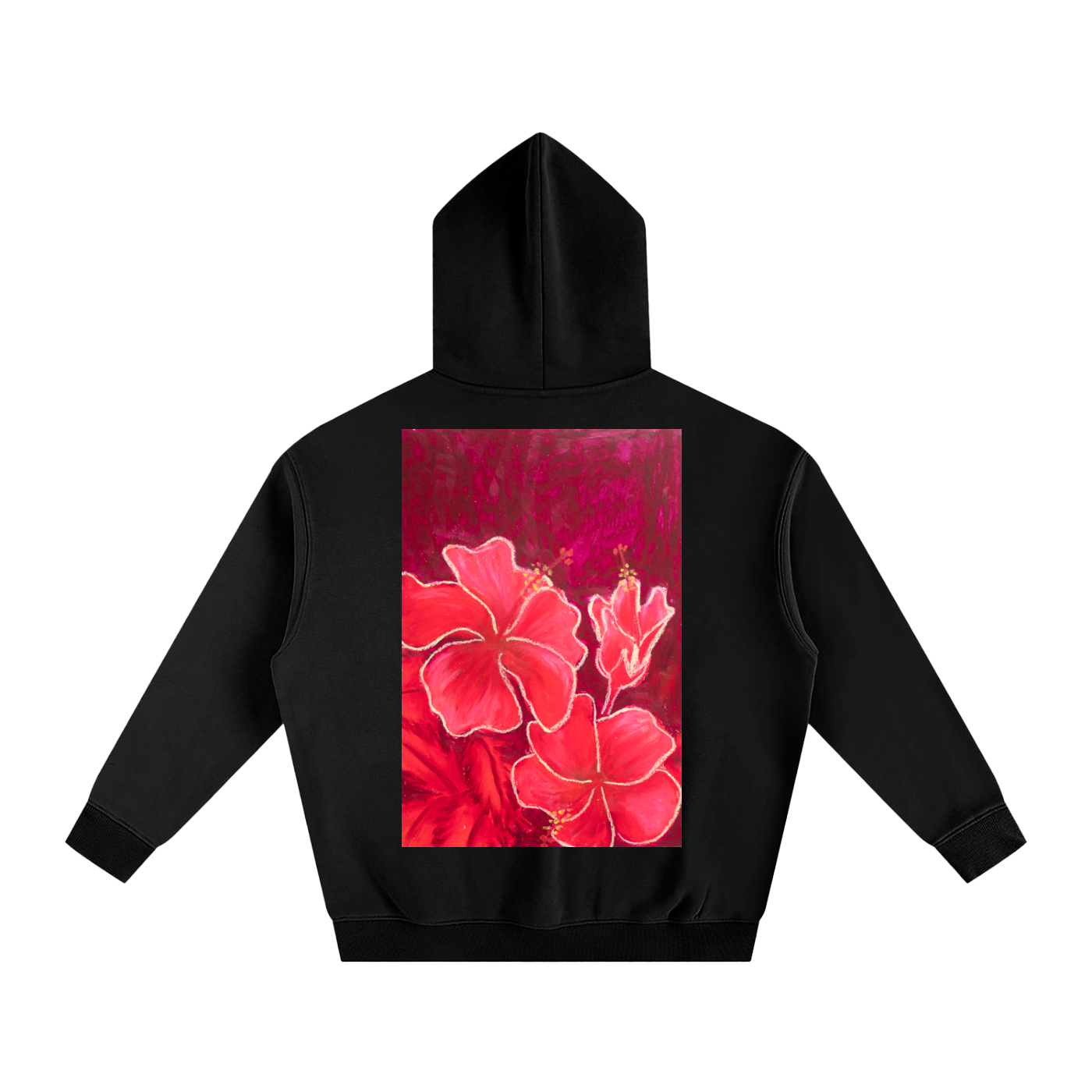 art,hibiscus,hoodie,fleece,flowers,oilpastel,gift,wearableart,red,nature,floral