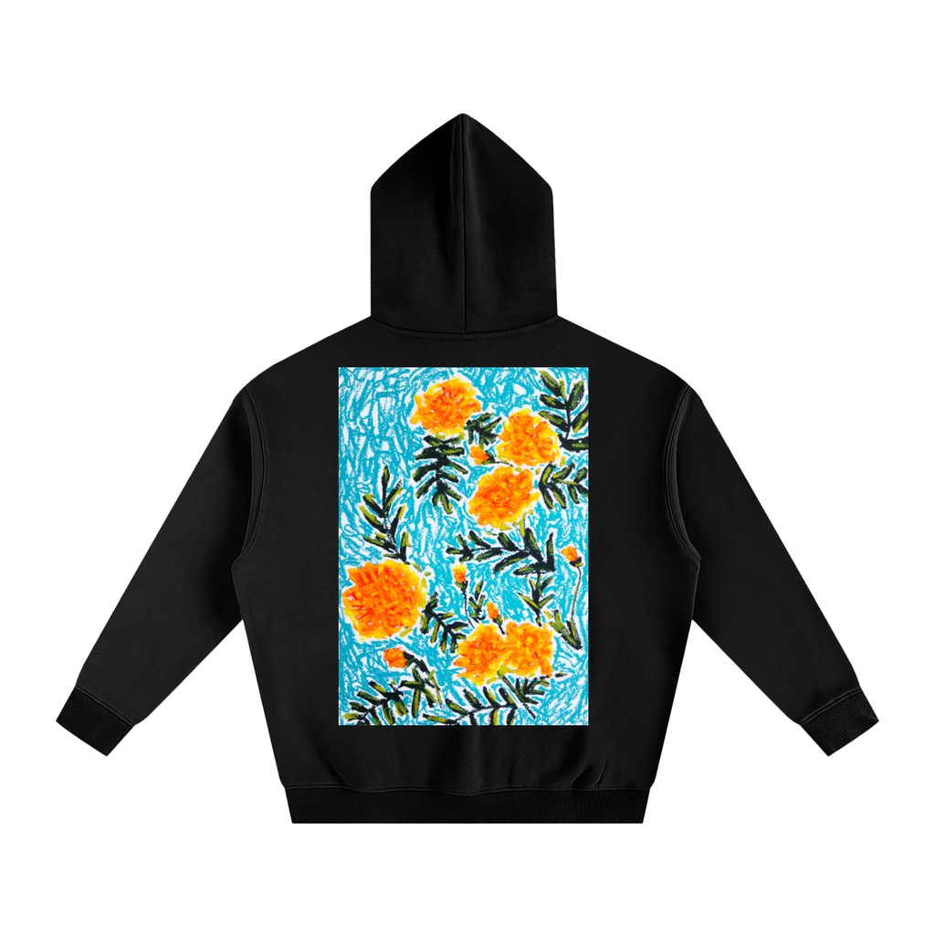 marigold,art,oilpastel,wearableart,flower,floral,abstract,yellow,orange,blue,nature,clothing,hoodie,jumper,fleece,warm,cozy