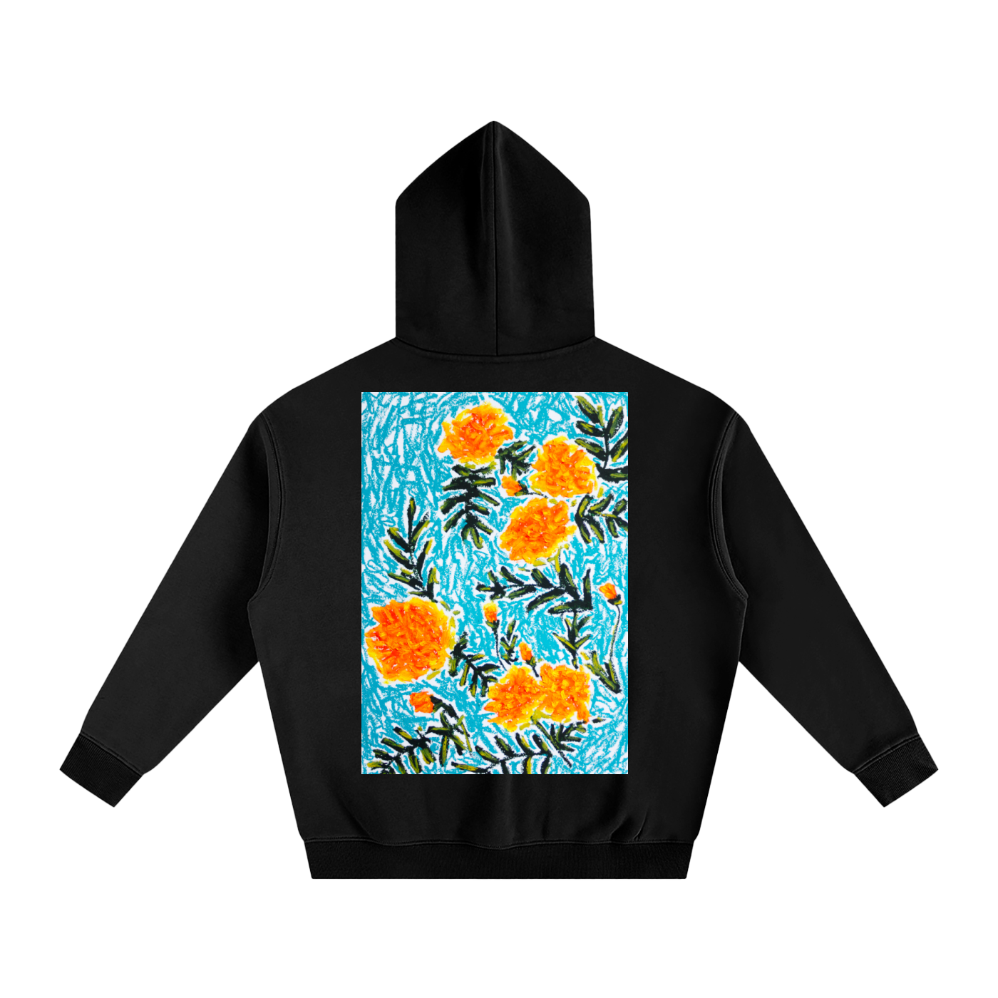 marigold,art,oilpastel,wearableart,flower,floral,abstract,yellow,orange,blue,nature,clothing,hoodie,jumper,fleece,warm,cozy