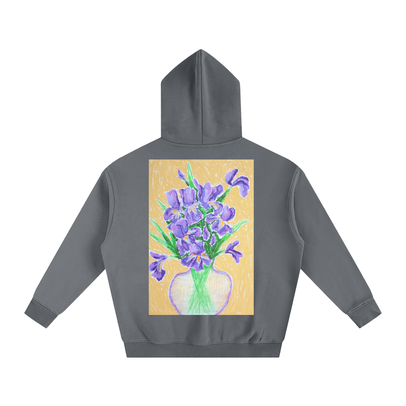 iris,vase,stilllife,art,oilpastel,hoodie,jumper,wearableart,cozy,warm,flower,floral,clothing