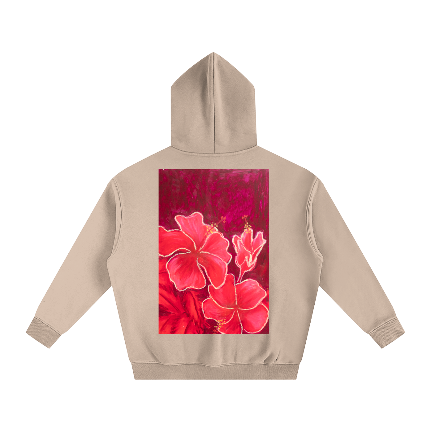 art,hibiscus,hoodie,fleece,flowers,oilpastel,gift,wearableart,red,nature,floral