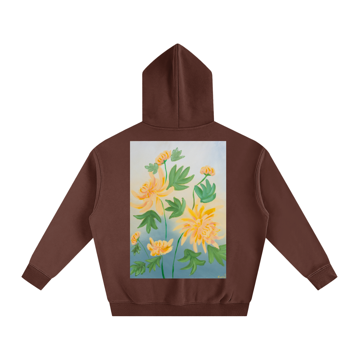 art,chrysanthemum,hoodie,clothing,jumper,oversized,flower,floral,golden,yellow,nature,garden,fleece,warm,cozy,wearableart