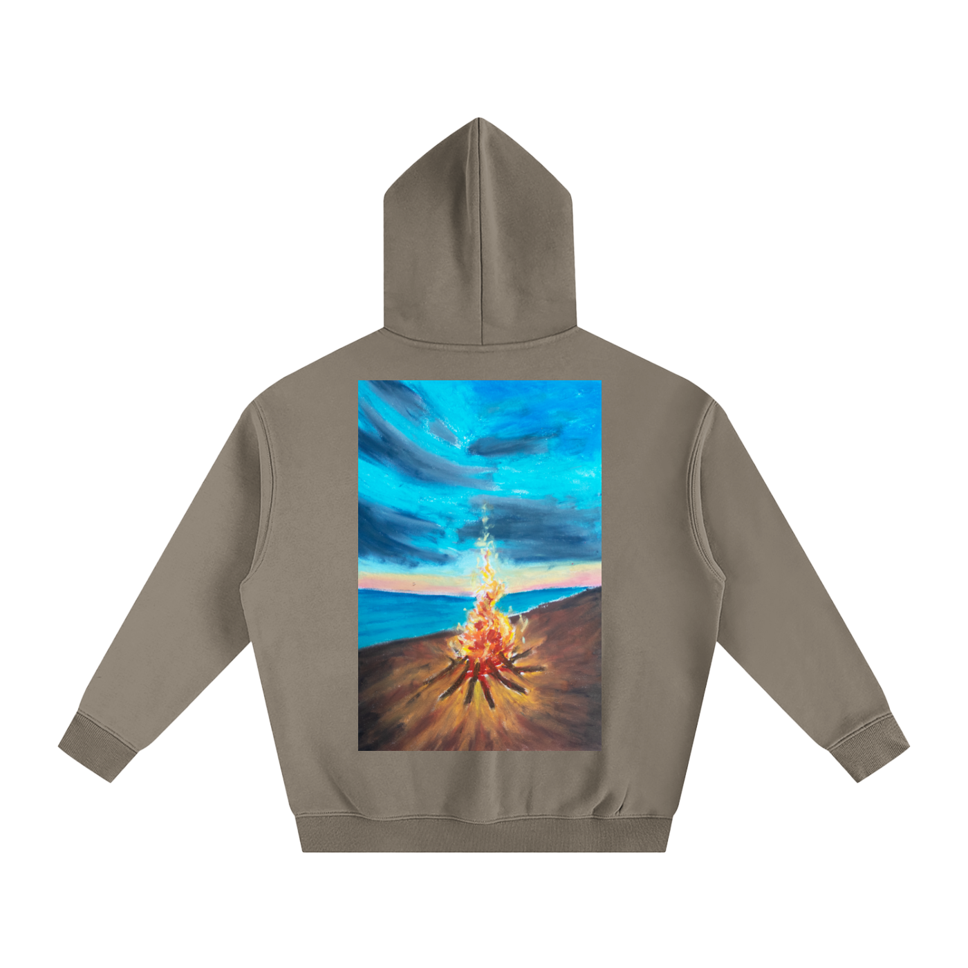 art,hoodie,oilpastel,nature,landscape,fleece,beach,bonfire,cozy,warm,wearableart