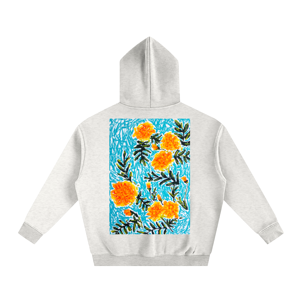 marigold,art,oilpastel,wearableart,flower,floral,abstract,yellow,orange,blue,nature,clothing,hoodie,jumper,fleece,warm,cozy