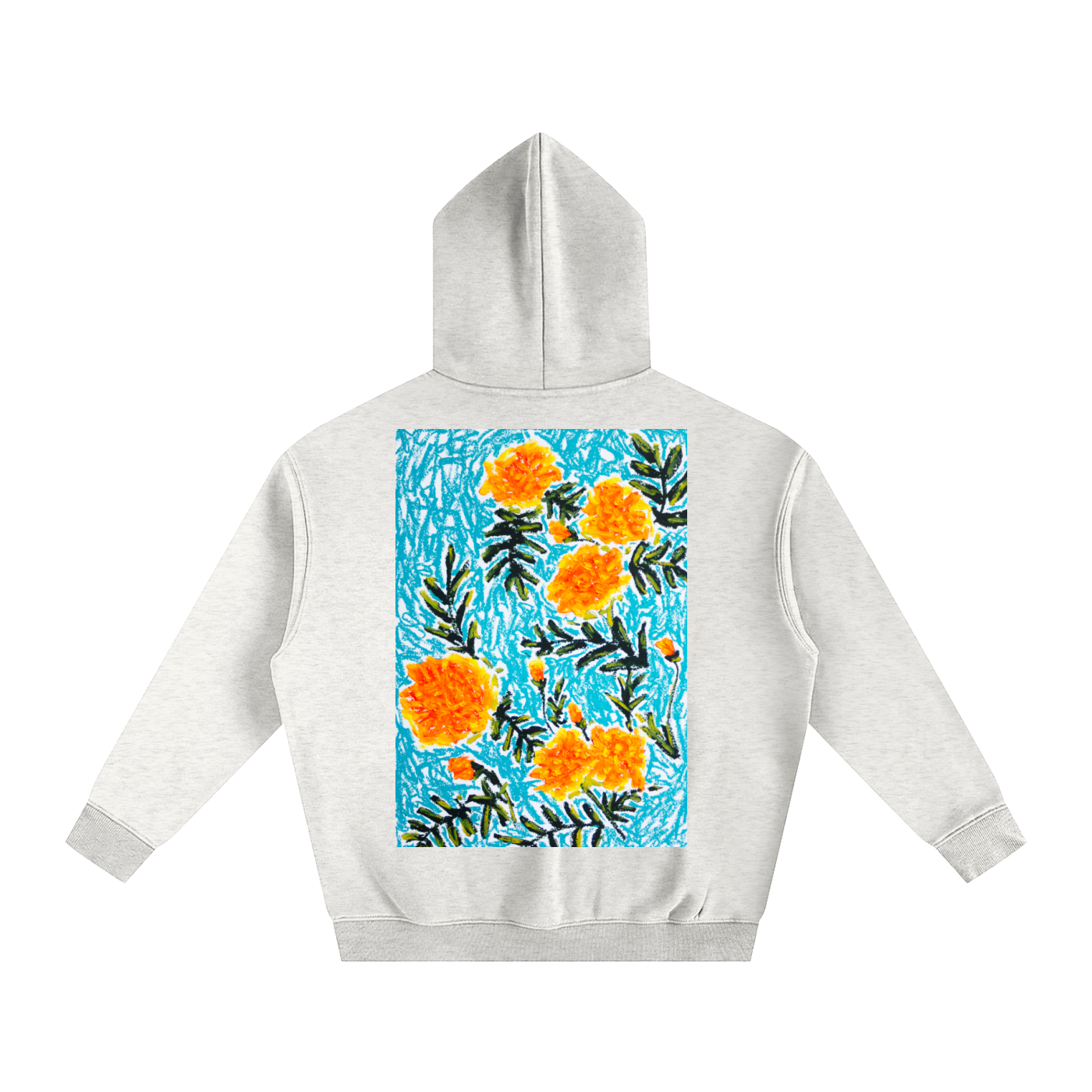marigold,art,oilpastel,wearableart,flower,floral,abstract,yellow,orange,blue,nature,clothing,hoodie,jumper,fleece,warm,cozy