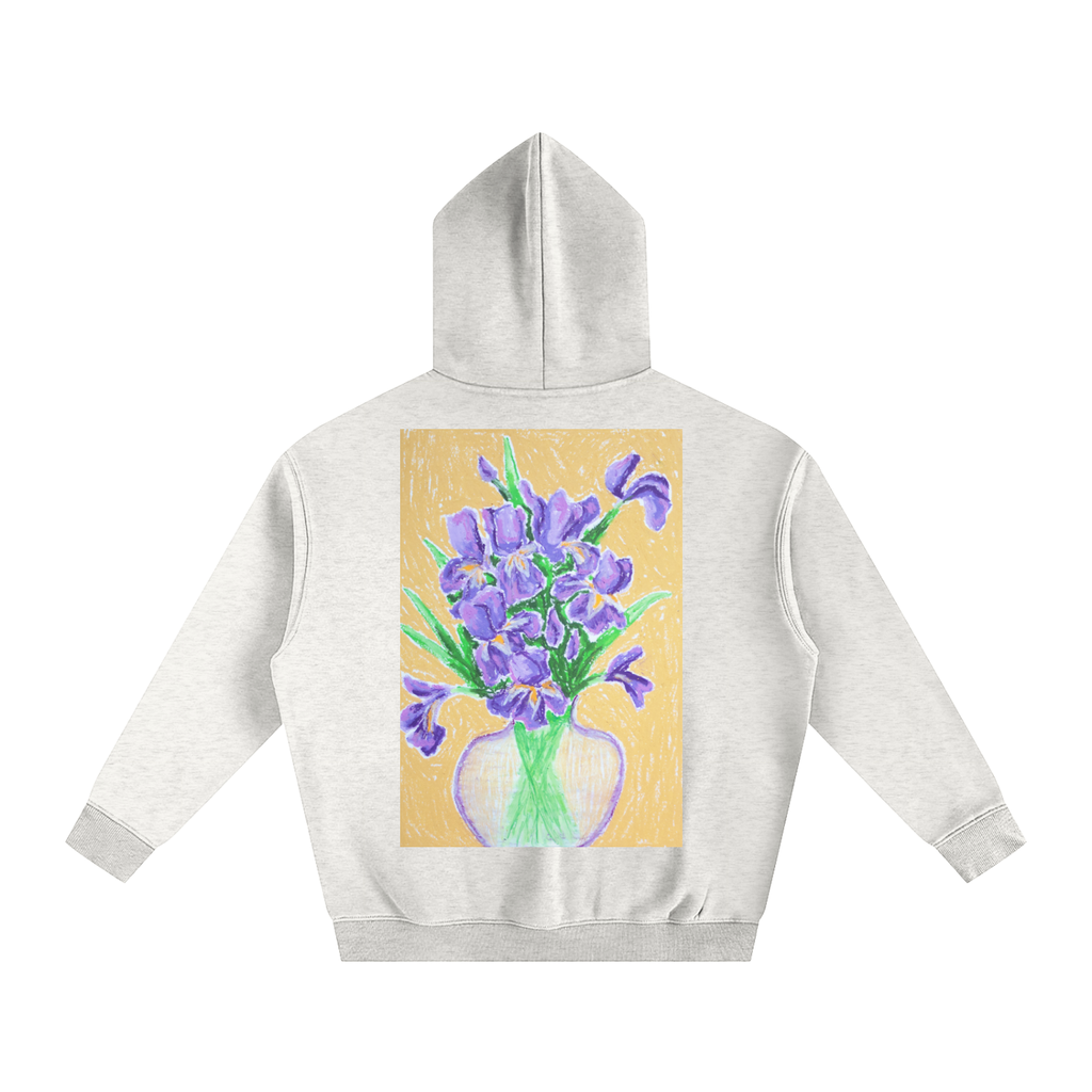 iris,vase,stilllife,art,oilpastel,hoodie,jumper,wearableart,cozy,warm,flower,floral,clothing