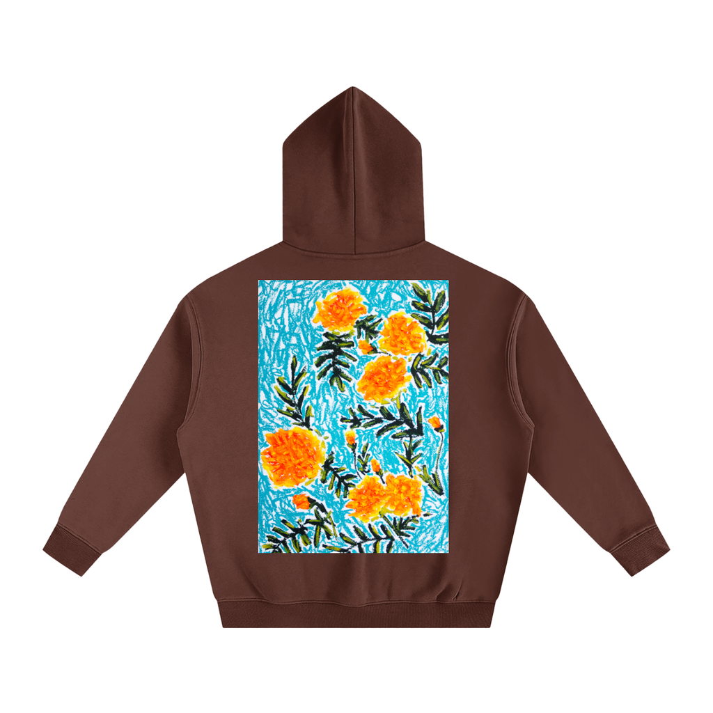marigold,art,oilpastel,wearableart,flower,floral,abstract,yellow,orange,blue,nature,clothing,hoodie,jumper,fleece,warm,cozy