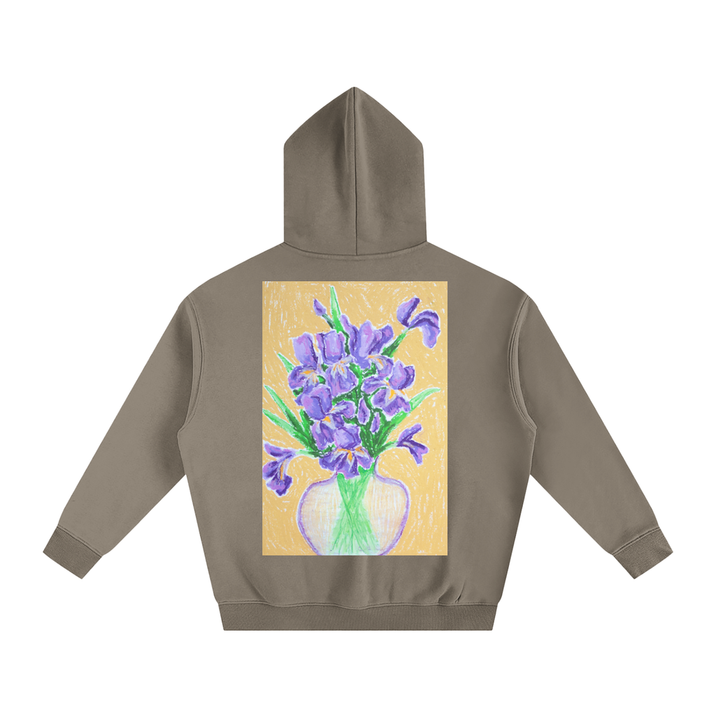 iris,vase,stilllife,art,oilpastel,hoodie,jumper,wearableart,cozy,warm,flower,floral,clothing