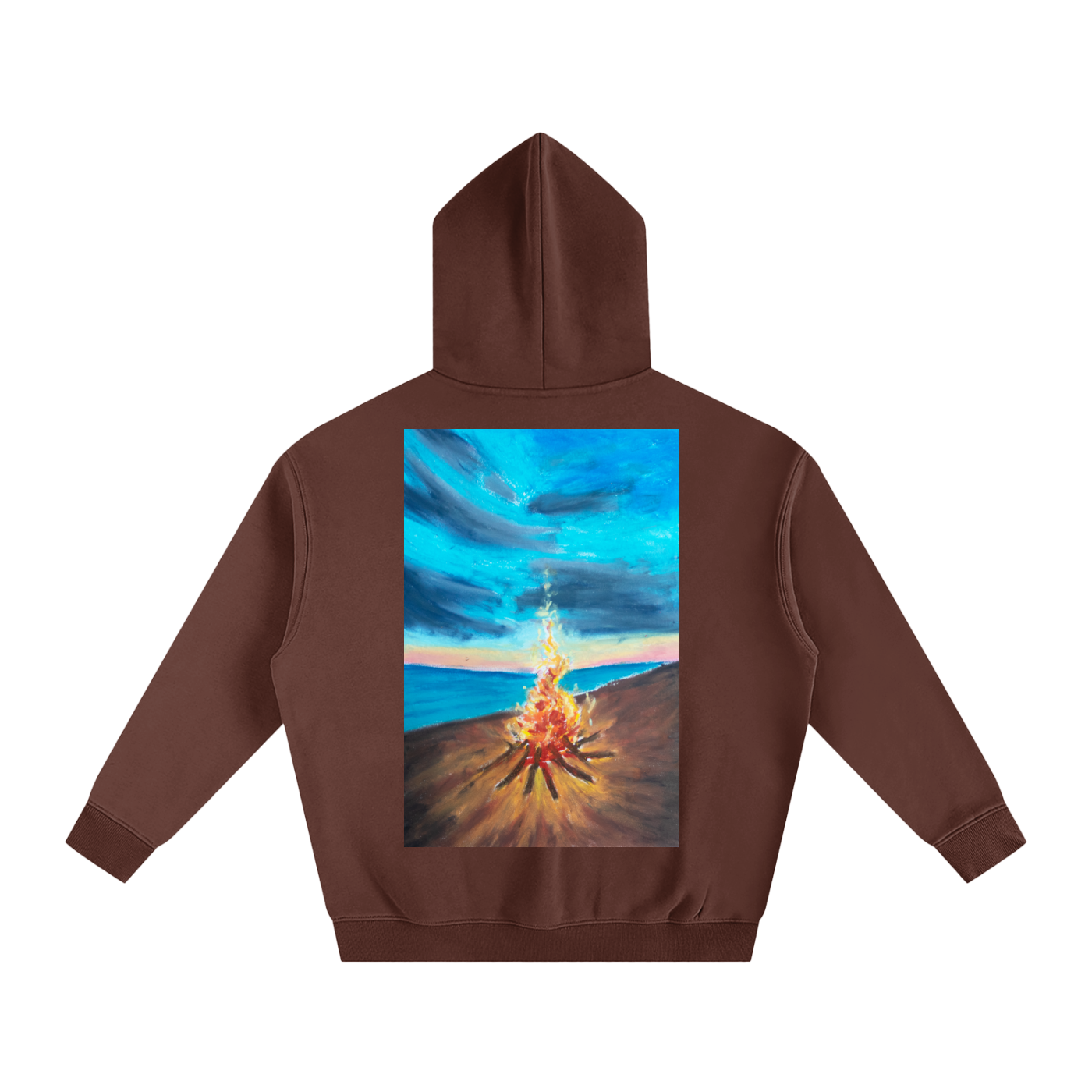 art,hoodie,oilpastel,nature,landscape,fleece,beach,bonfire,cozy,warm,wearableart
