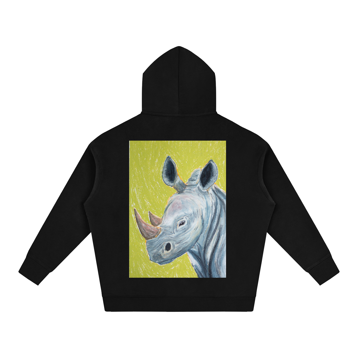 rhino,animal,hoodie,jumper,winter,gift,uniquegift,art,wearableart,oilpastel,drawing