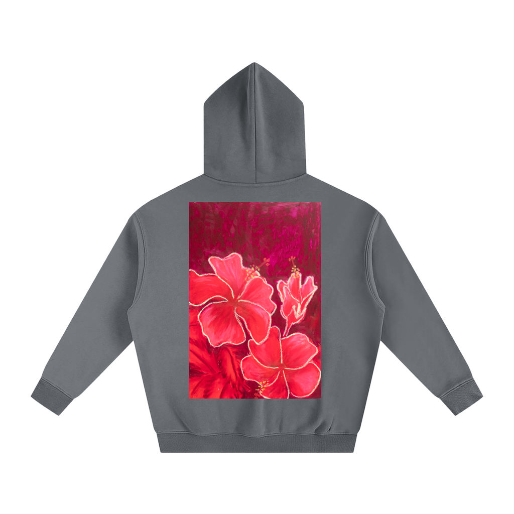 art,hibiscus,hoodie,fleece,flowers,oilpastel,gift,wearableart,red,nature,floral