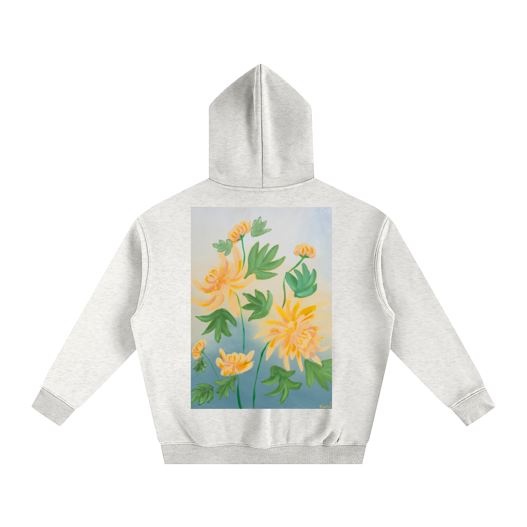 art,chrysanthemum,hoodie,clothing,jumper,oversized,flower,floral,golden,yellow,nature,garden,fleece,warm,cozy,wearableart