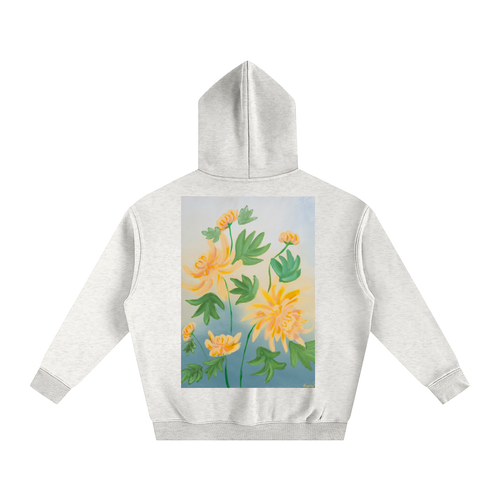 art,chrysanthemum,hoodie,clothing,jumper,oversized,flower,floral,golden,yellow,nature,garden,fleece,warm,cozy,wearableart